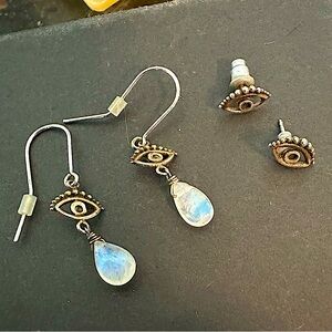 2 pair of sterling silver earrings,1 Protective/Evil Eye studs,1 Moonstone drop.